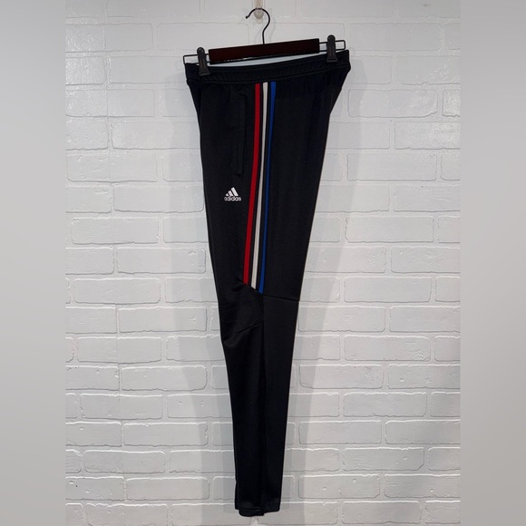Adidas Black Track Pants with Red, White, and Blue Accents and Pockets - Picture 1 of 14